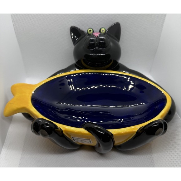 Department 56 Other - Department 56 Cat Trinket Bowl Blue Yellow Ceramic Decorative Pet Dish